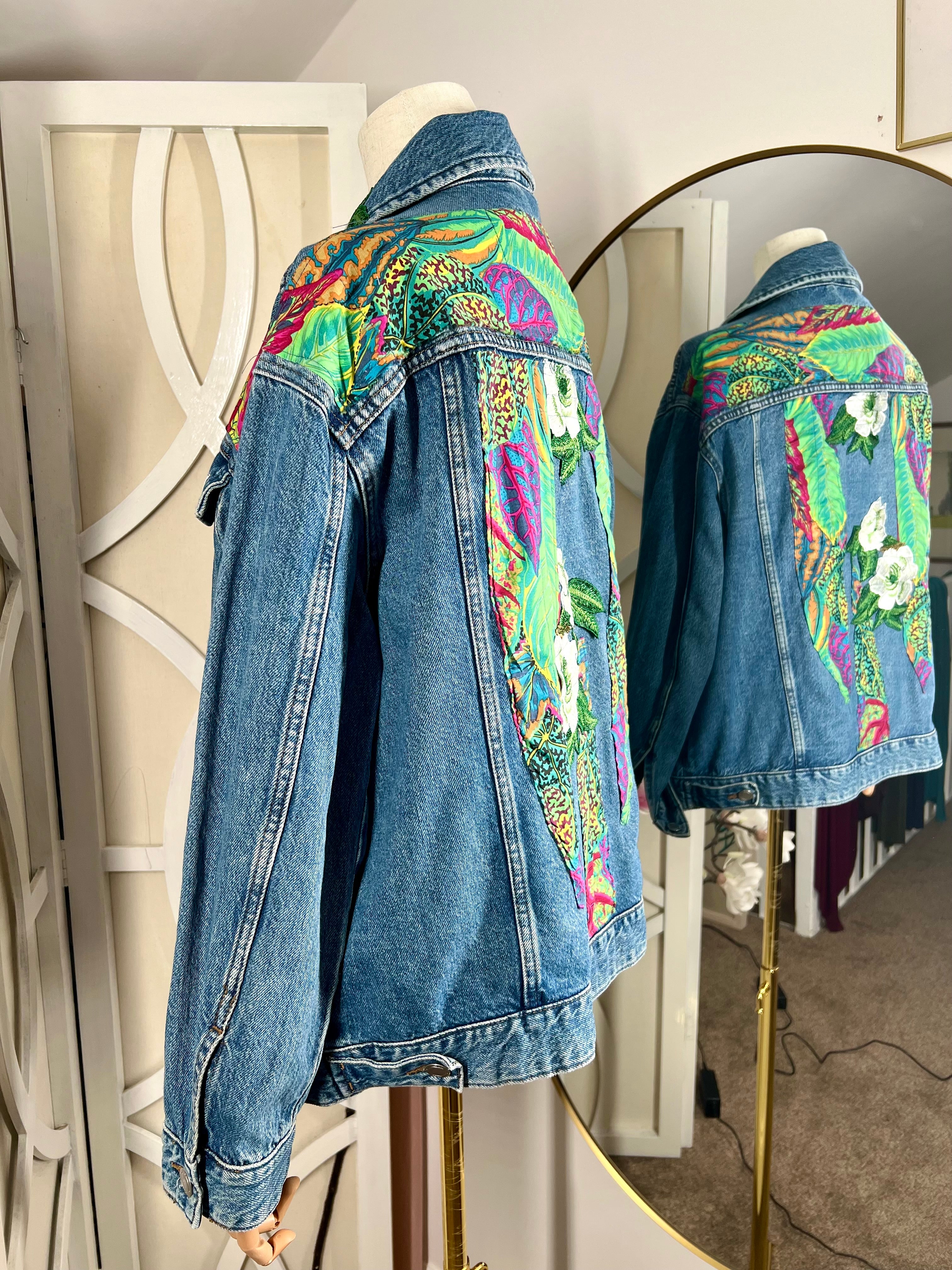 Tropical Print with Appliqué Embroidery Denim Jacket
