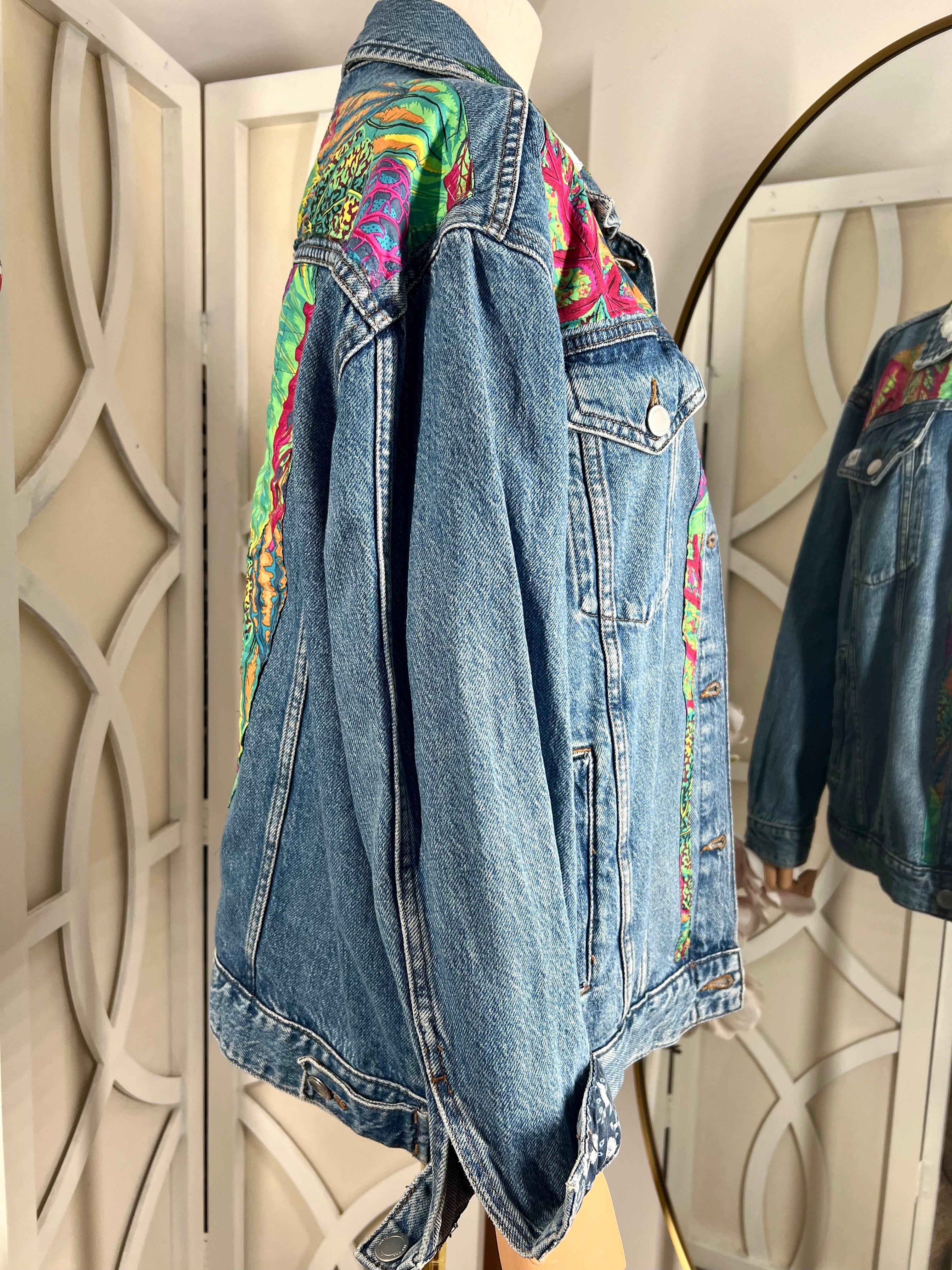 Tropical Print with Appliqué Embroidery Denim Jacket