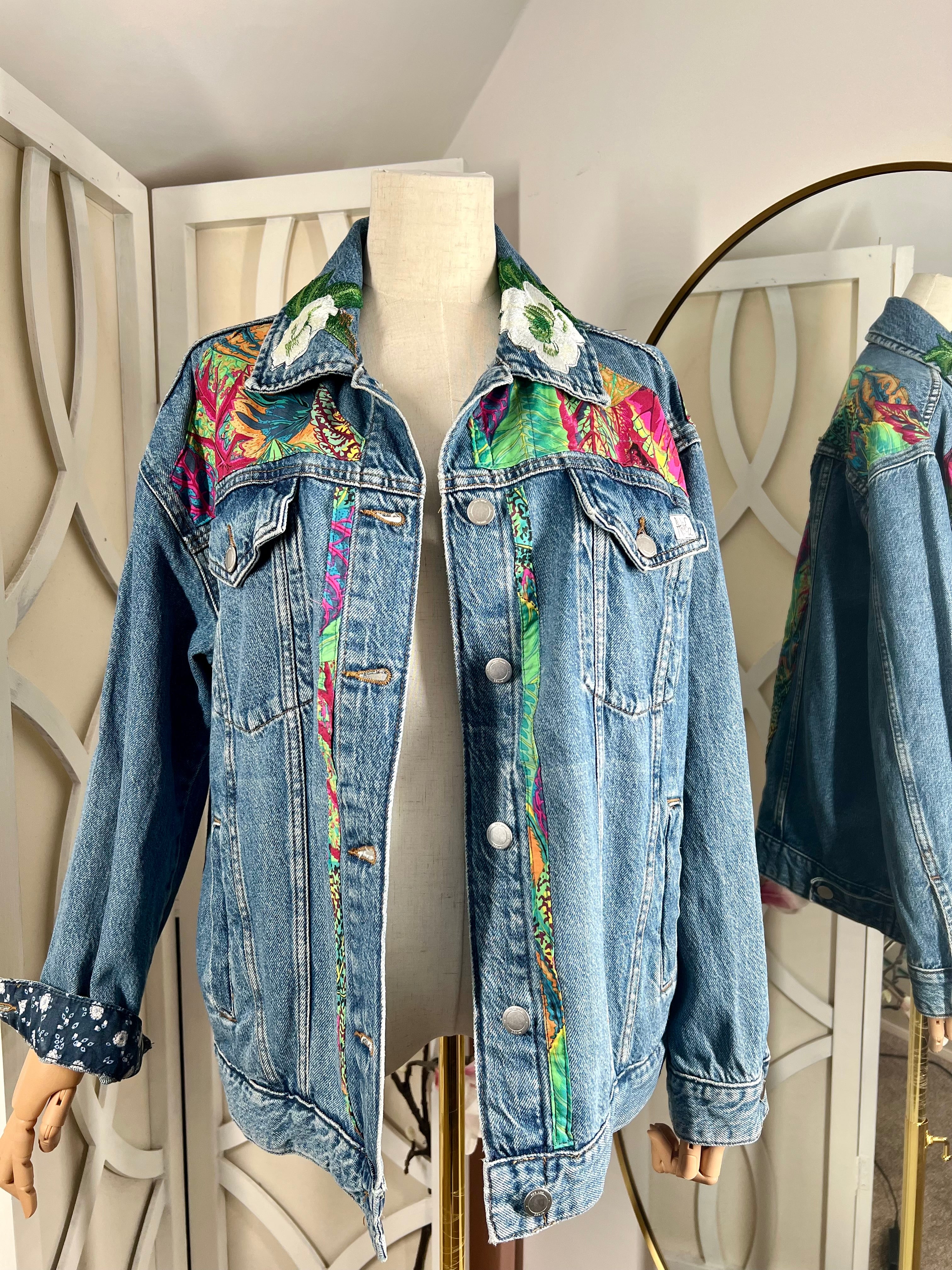Tropical Print with Appliqué Embroidery Denim Jacket