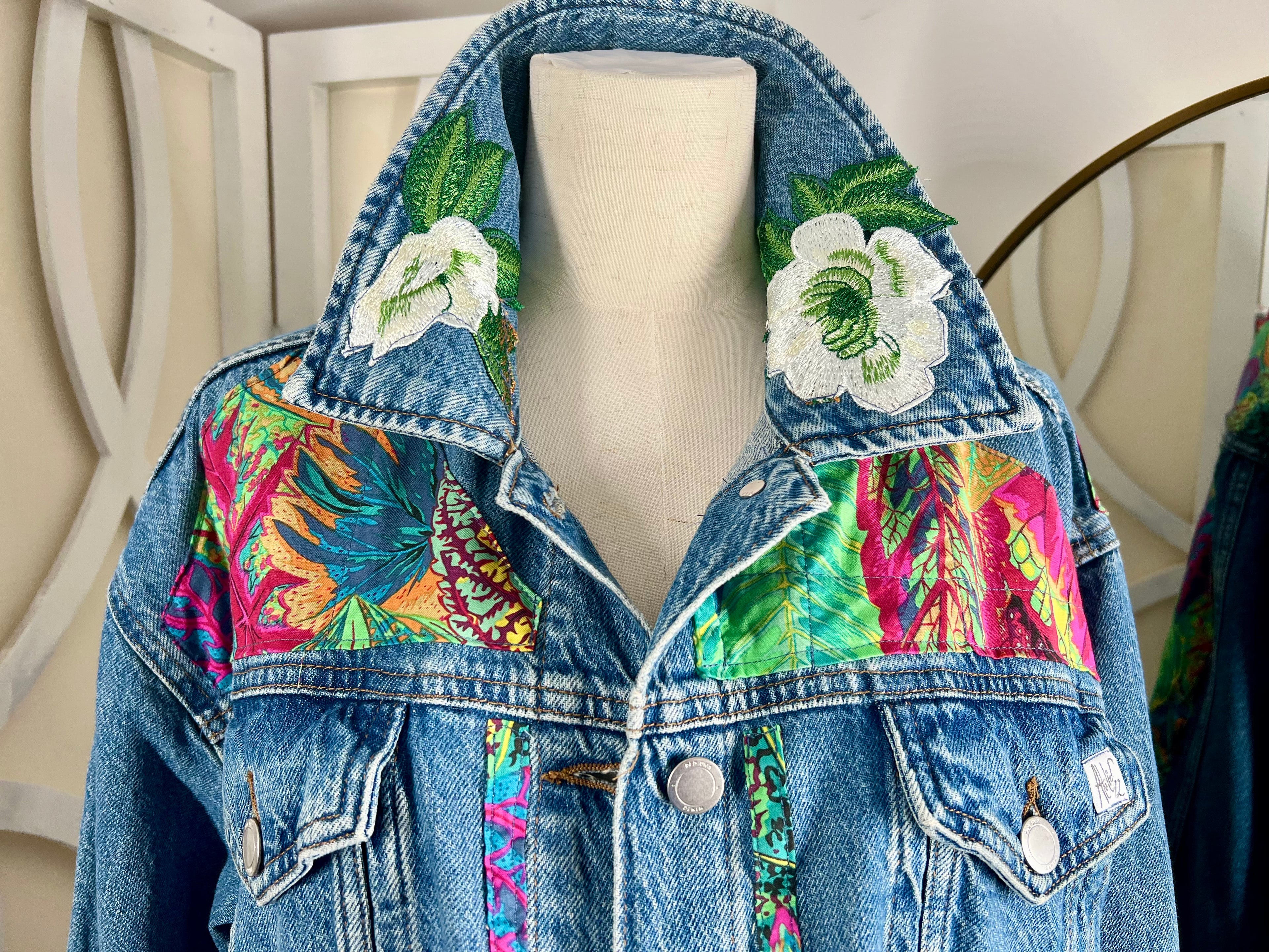 Tropical Print with Appliqué Embroidery Denim Jacket